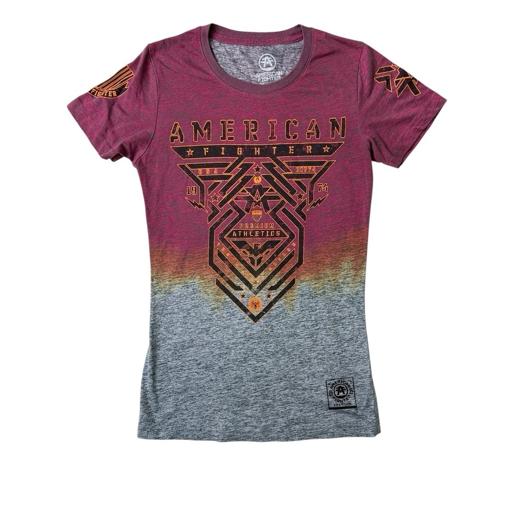 American Fighter Women's Sz M‎ Maroon Gray T-shirt Graphic Print 2-sided